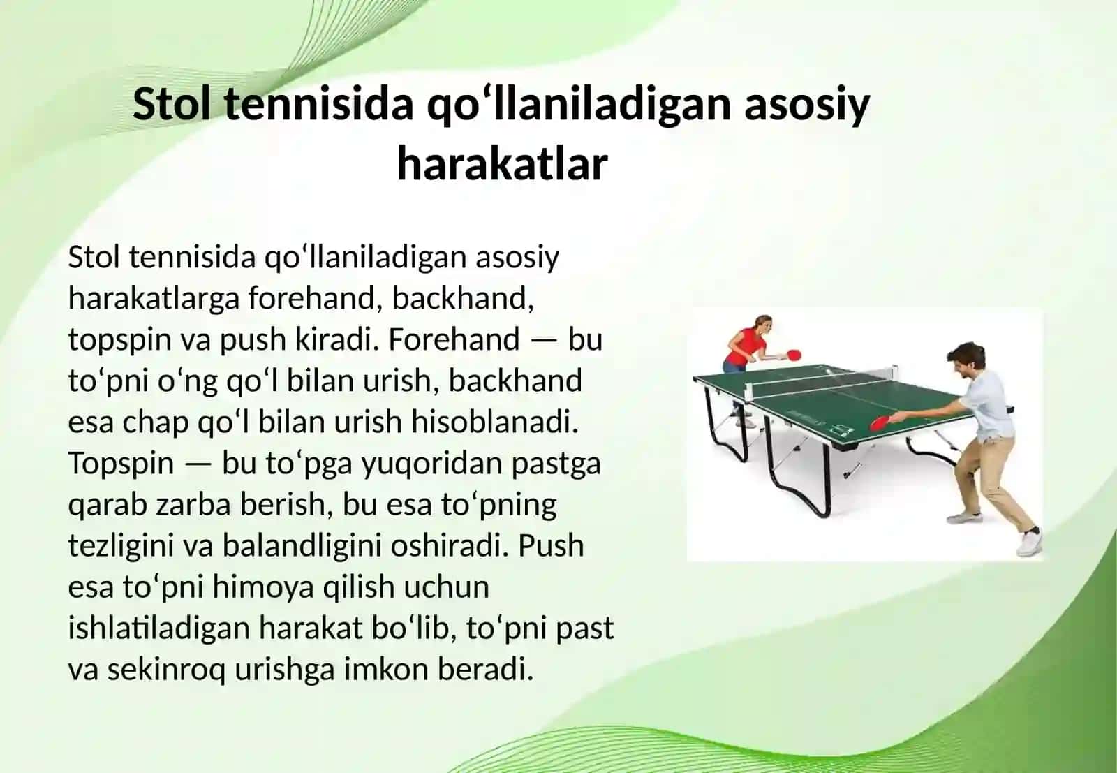 Stol tennisi oʻyinida uchraydigan holat va harakatlarga oʻrgatish 4