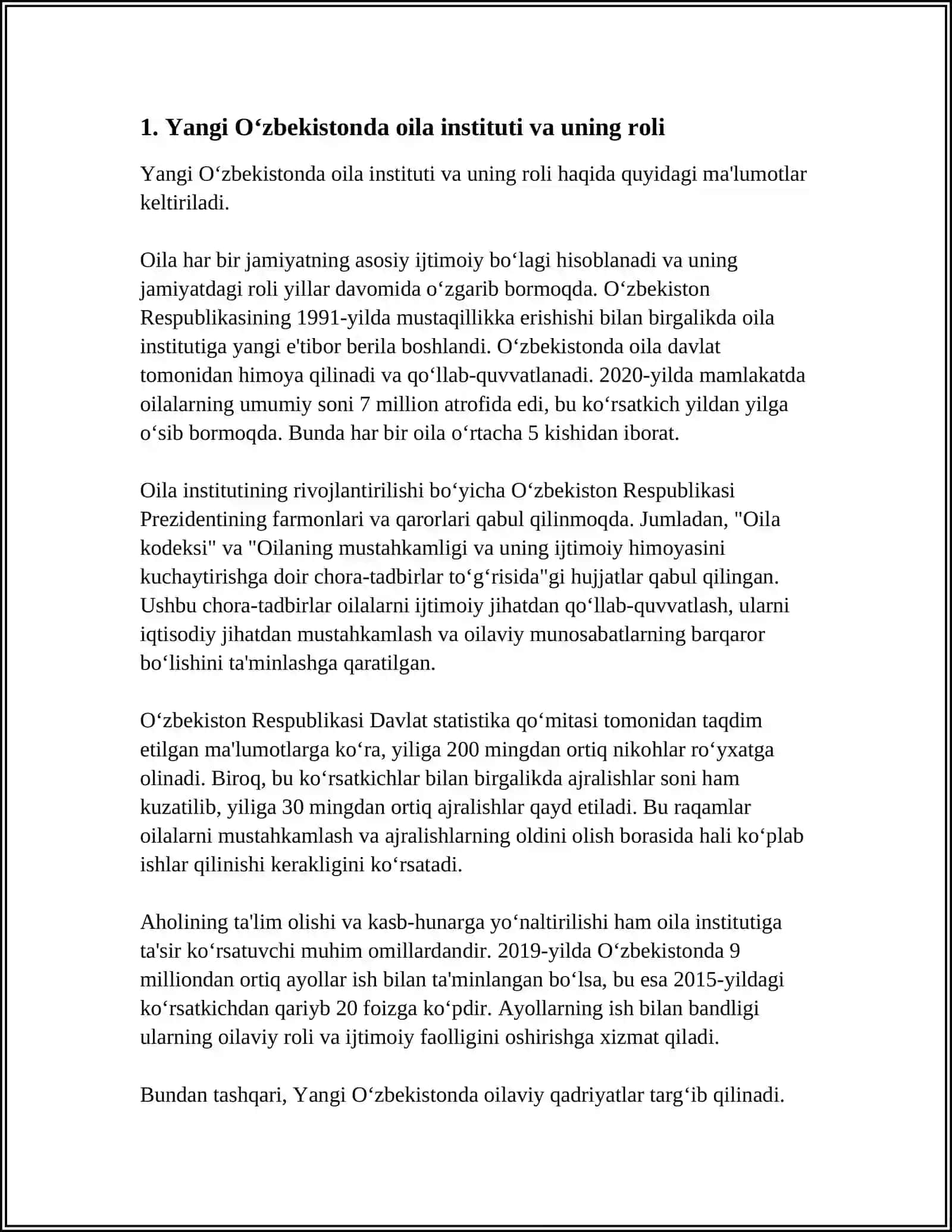 YANGI O‘ZBEKISTONDA ОILA INSTITUTI VA UNING DAVLAT TOMONIDAN QO‘LLAB QUVVATLANISHI. GENDER TENGLIGI. XOTIN-QIZLARGA BO‘LGAN MUNOSABAT. ONALIK VA BOLALIK HAQ-HUQUQLARINI HIMOYA QILINISHI 4