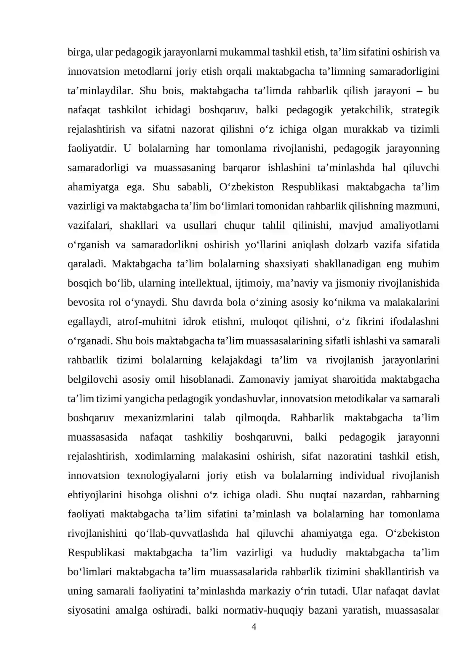 Oʻzbekiston Respublikasi maktabgacha taʼlim vazirligi va maktabgacha taʼlim boʻlimlari tomonidan maktabgacha taʼlimda rahbarlik 4