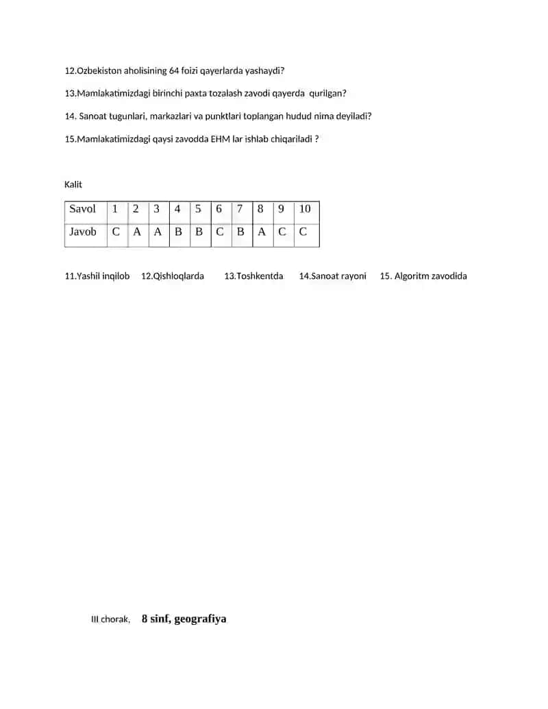 I chorak 8 sinf, geografiya 4