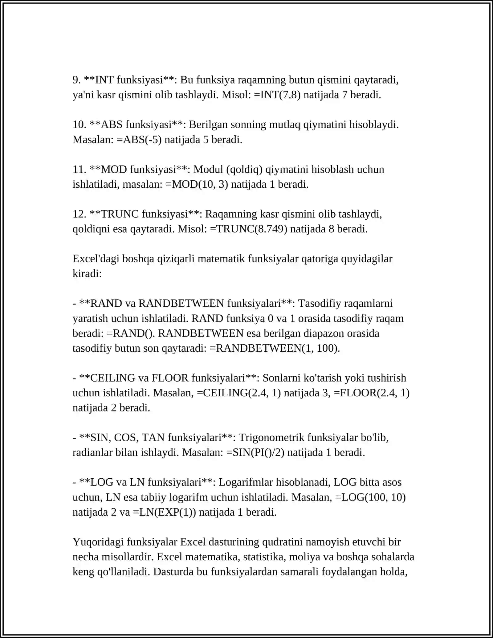 MICROSOFT OFFICE EXCEL DASTURIDA MATEMATIK, STATISTIK, MOLIYAVIY FUNKSIYALAR BILAN ISHLASH 4