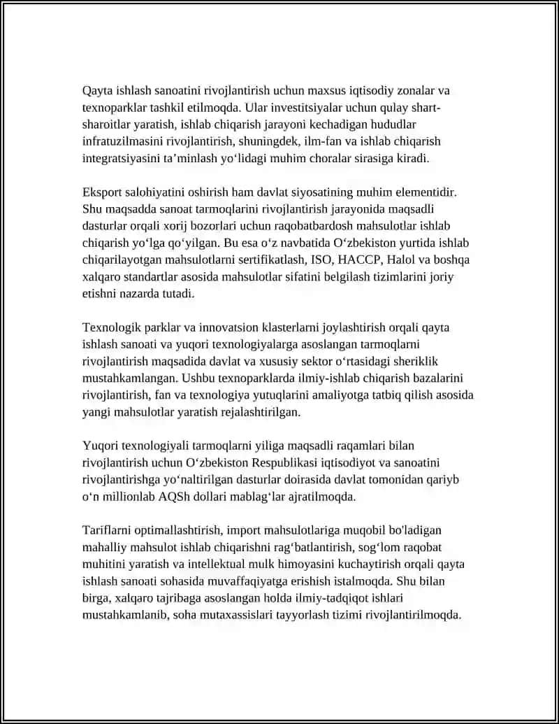 Ózbekstanda Joqari Texnologiyali Qayta Islep Shigariw Tarmaqlarini Jedel Rawajlandirish 4