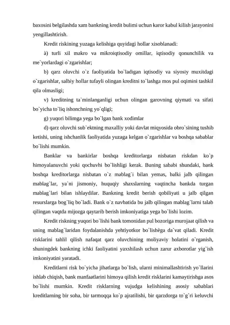 KREDIT RISKINI YUZAGA KELTIRUVCHI OMILLAR, KREDIT TAHLIL QILISH VA BAHOLASH 4