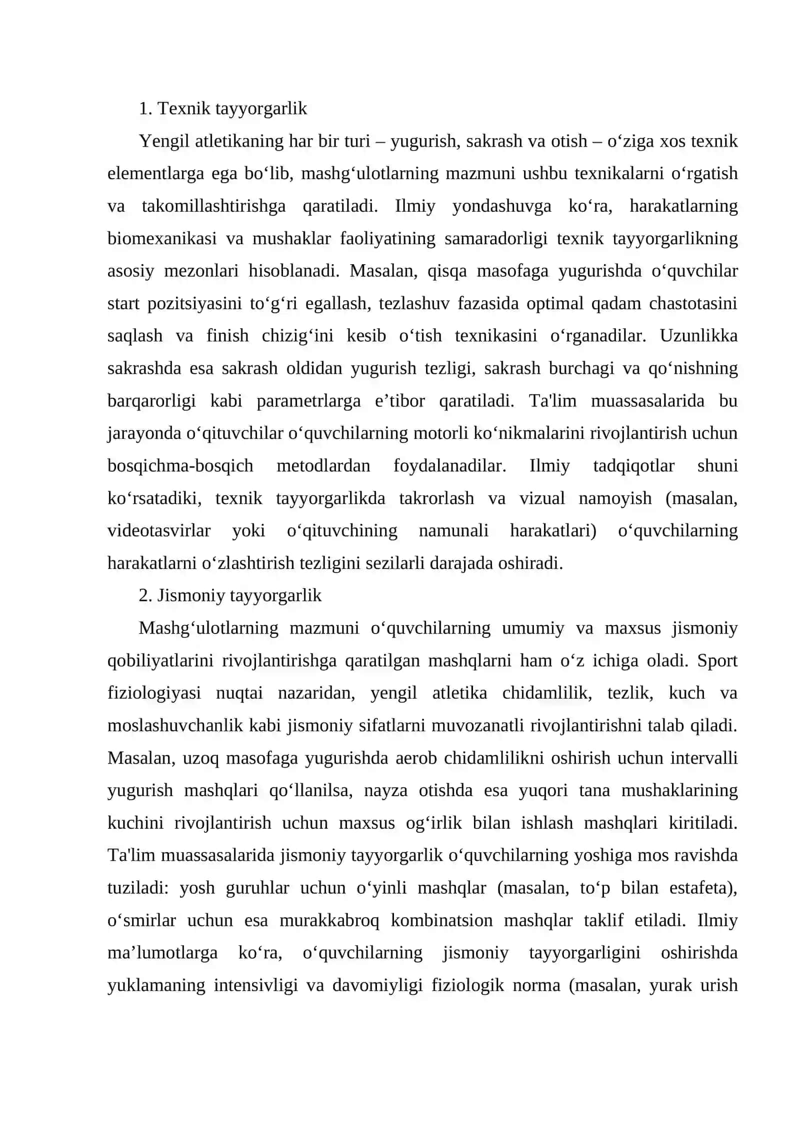 Ta'lim muassasalarida yengil atletika mashg'ulotlarining tuzilishi, mazmuni va rejalashtirish hamda yengil atletika tayyorgarlik komponentlari 4
