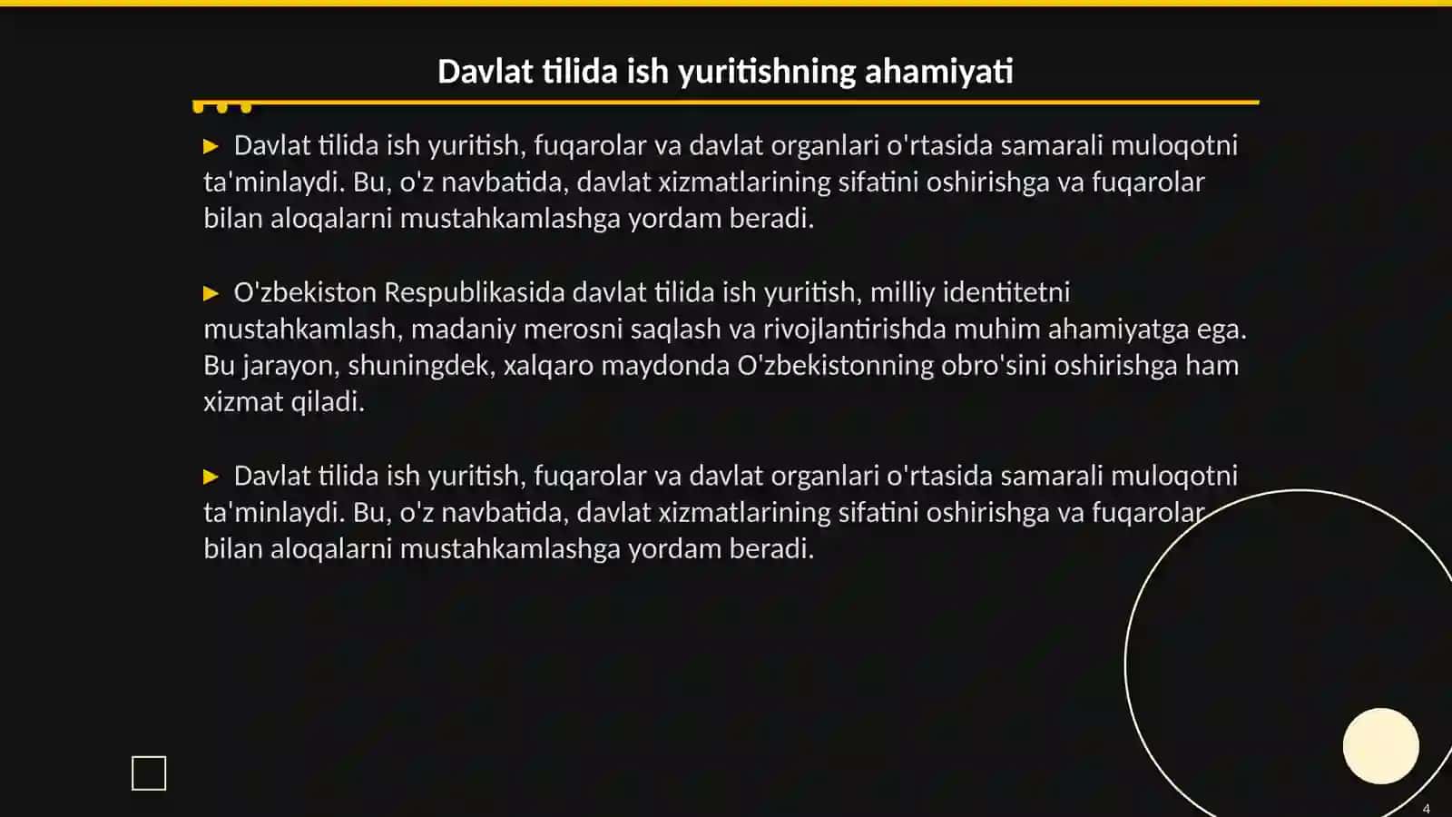 O'zbekiston Respublikasi Vazirlar mahkamasining " Mamlakatimizda davlat tilida ish yuritishni samarali tashkil qilish chora-tadbirlari to'g'risida" gi qarori 4