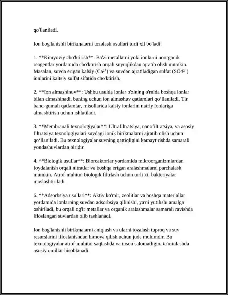 TUPROQ VA SUVNING IFLOSLANISHIDA ION BOĞLANISHLI BIRIKMALARNI ANIQLASH VA ULARNI TOZALASH USULI 4