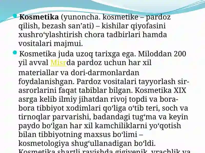 Qadimgi Gretsiyada kosmetologiyani qo’llanishi. Zamonaviy kosmetologiya 4