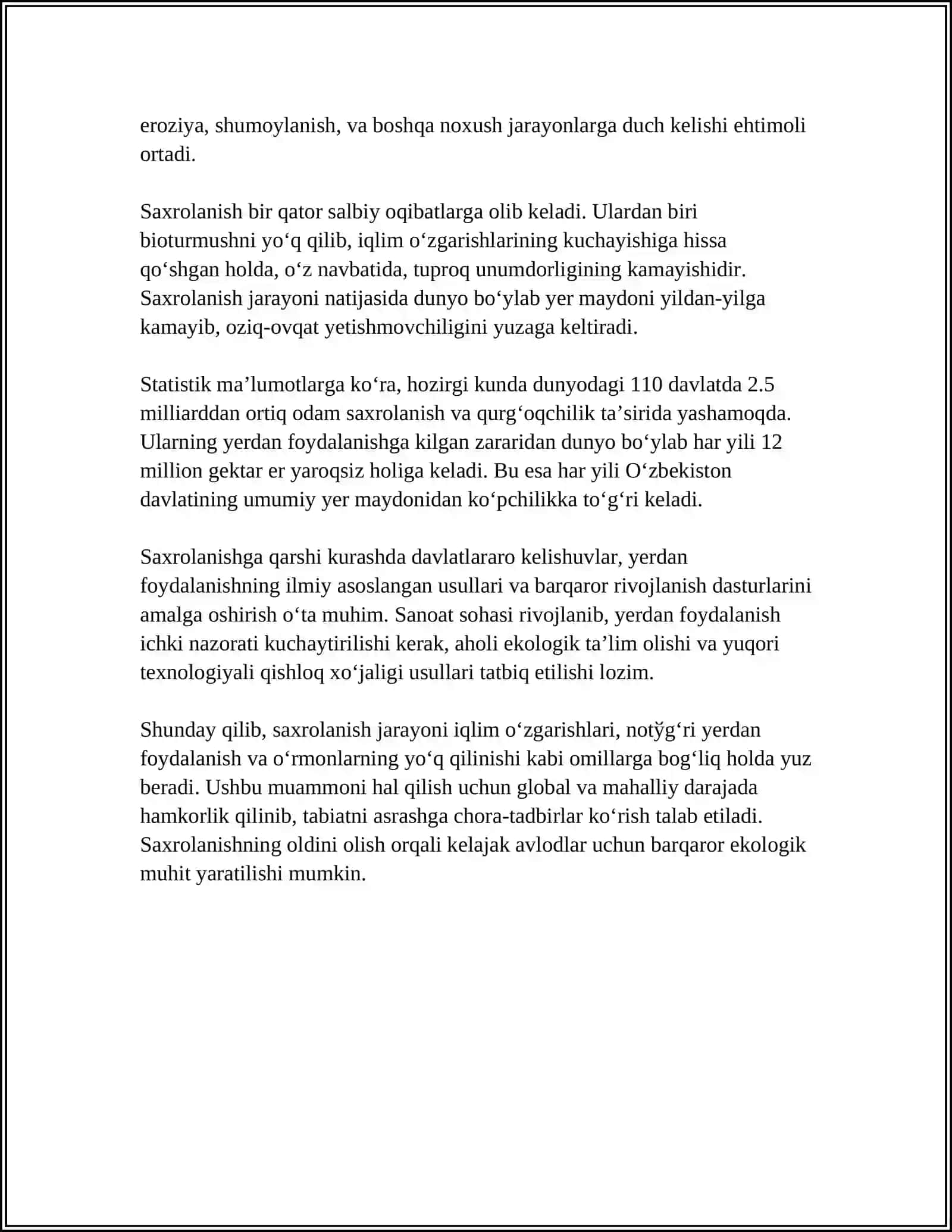 SAXROLANISHNING OʻZBEKISTON OʻSIMLIKLAR JAMOASIGA TASIRI.TUPROQ MUHITIGA SALBIY TAʼSIR ETUVCHI OMILLAR VA ULARNING TURLARI 4