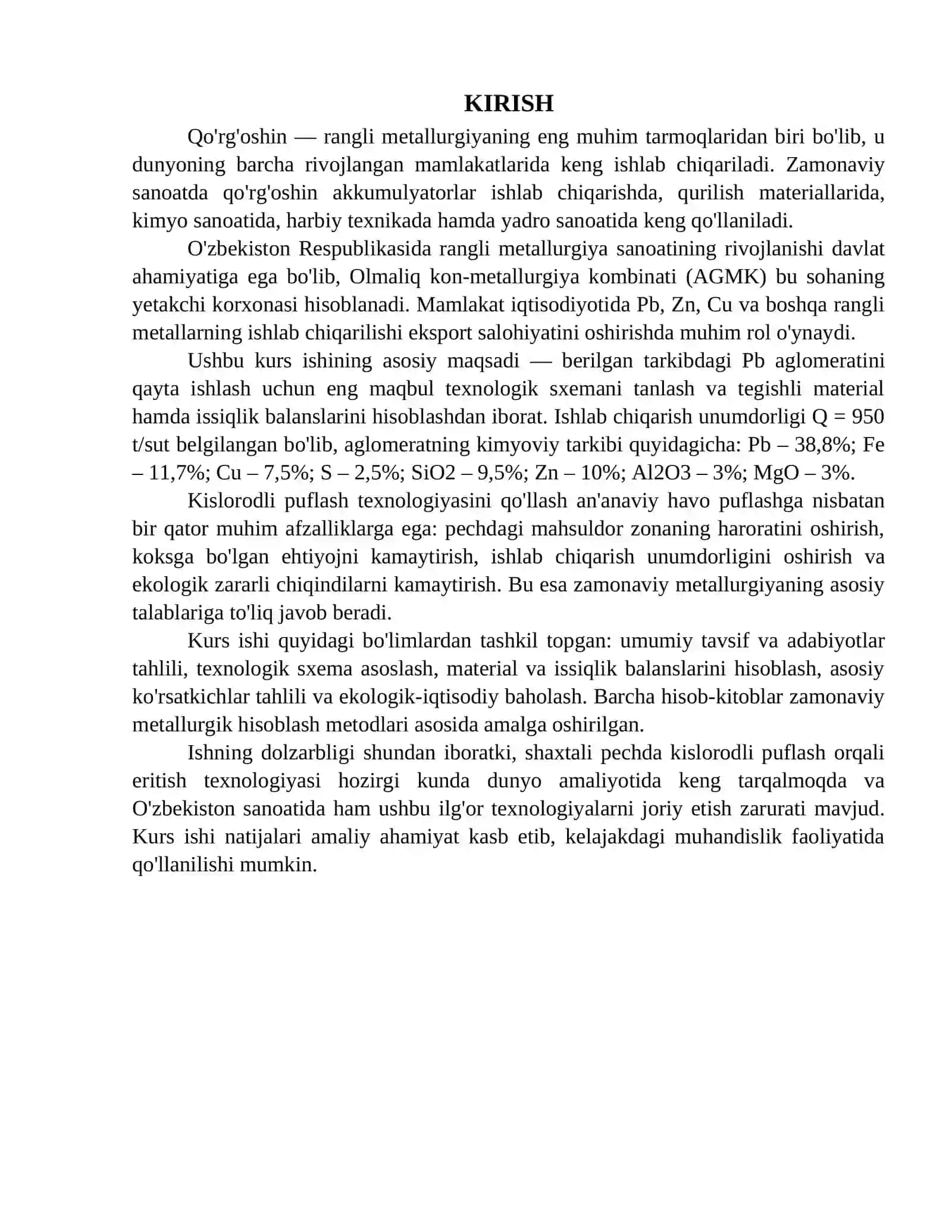 "Shaxtali pechda Pb aglomeratini kislorodli puflash orqali eritish texnologiyasini tanlash va hisoblash" 4