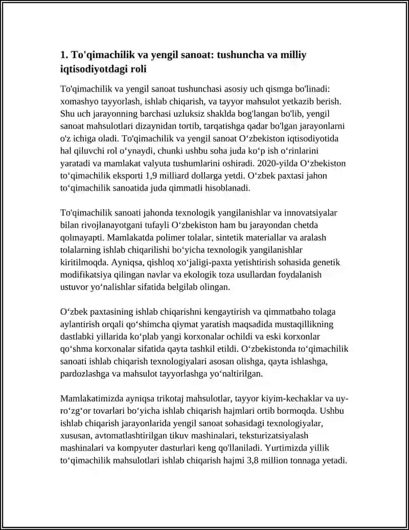 TO'QIMACHILIK VA YENGIL SANOAT MAHSULOTLARNI ISHLAB CHIQARISH 4