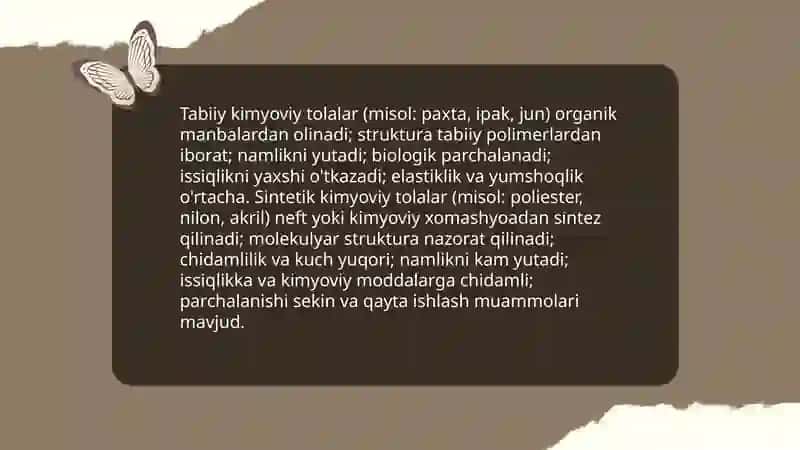 Kimyoviy tolalar. Kimyoviy tolalarning olinishi va xossalari. 4