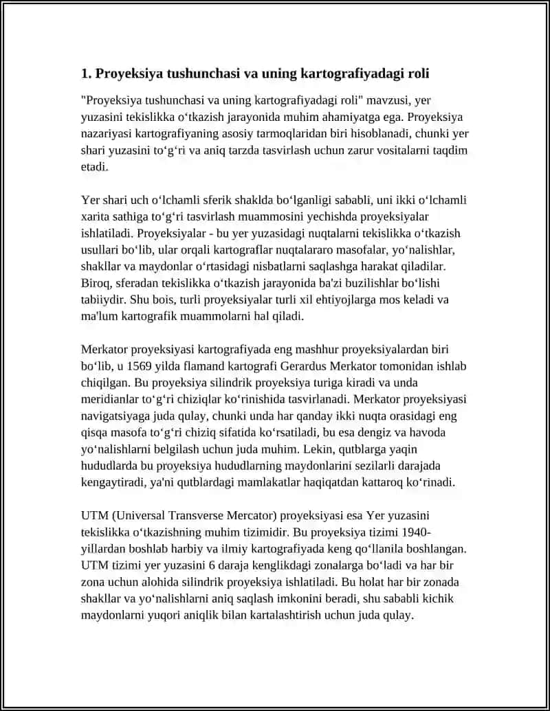 PROYEKSIYA TUSHUNCHASI: YER YUZASINI TEKISLIKKA O'TKAZISH MUAMMOLARI VA ASOSIY PROYEKSIYALAR (MASALAN, MERKATOR, UTM) 4