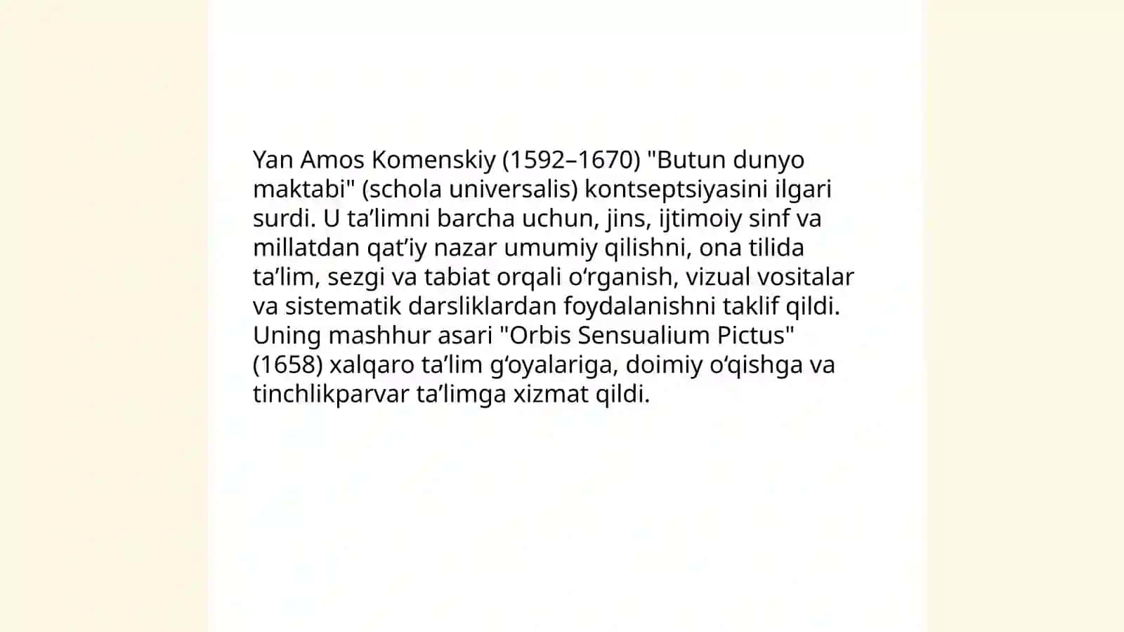 Yangi Renessans pedagogikasi. Yan Amos Komenskiyning pedagogik tizimi. Konstantin Dmitriyevich Ushenskiyning pedagogik tizimi. XX asr jahon taʼlim tizimidagi global trendensiyalar 4
