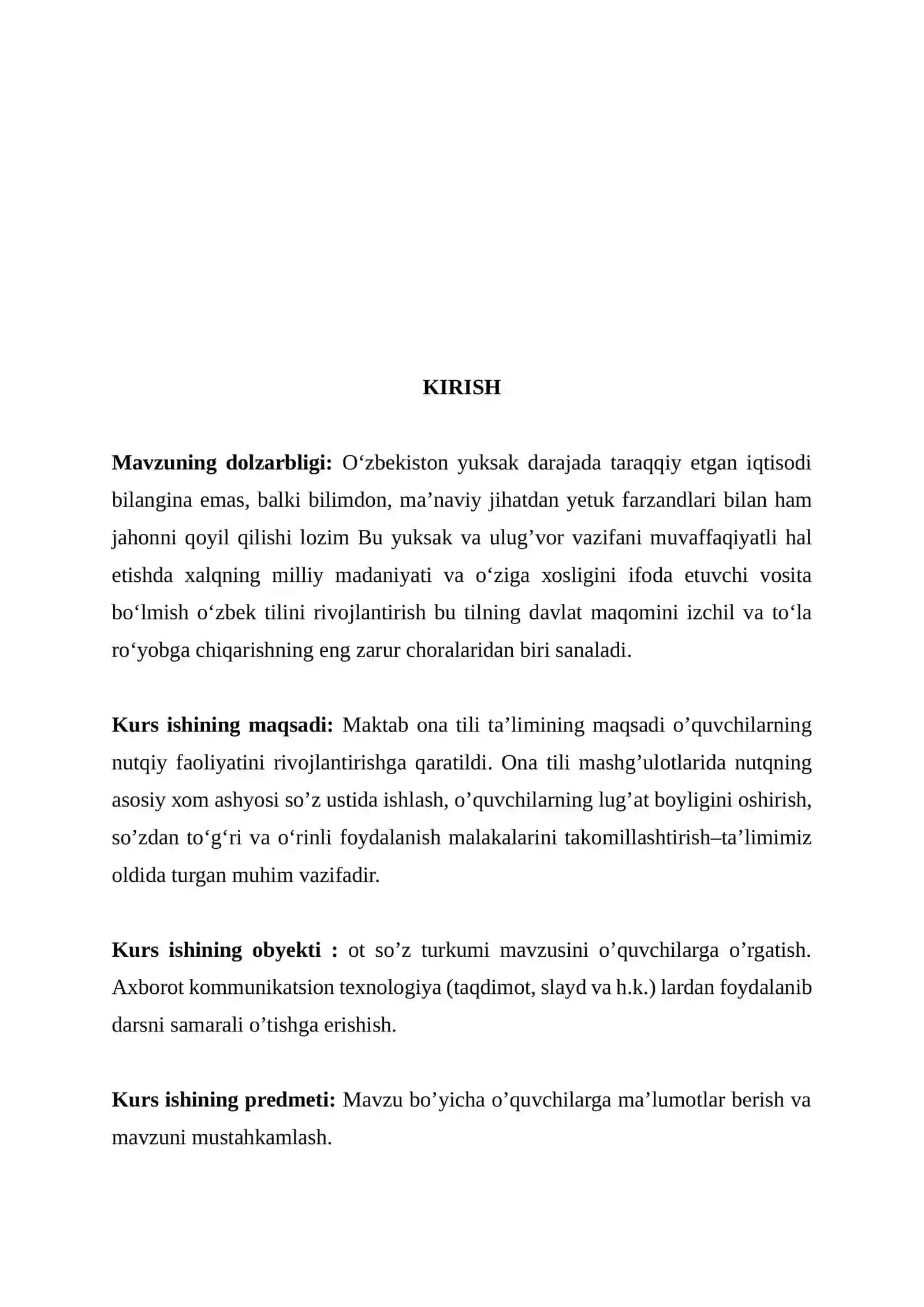 ONA TILI VA UNI O’QITISH METODIKASI FANIDAN KURS ISHI 4
