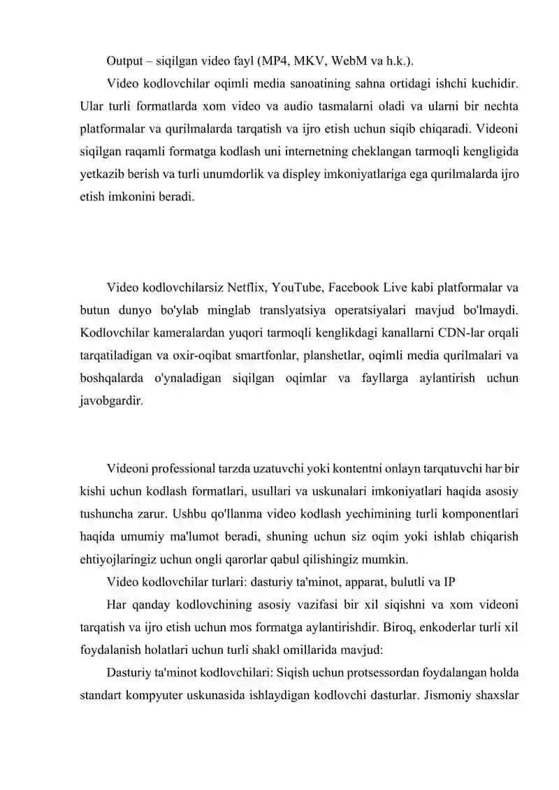 VIDEO SIGNALLARNI KODLASH MPEG, H.264/H.265 VA AV1 TEXNOLOGIYALARI 4