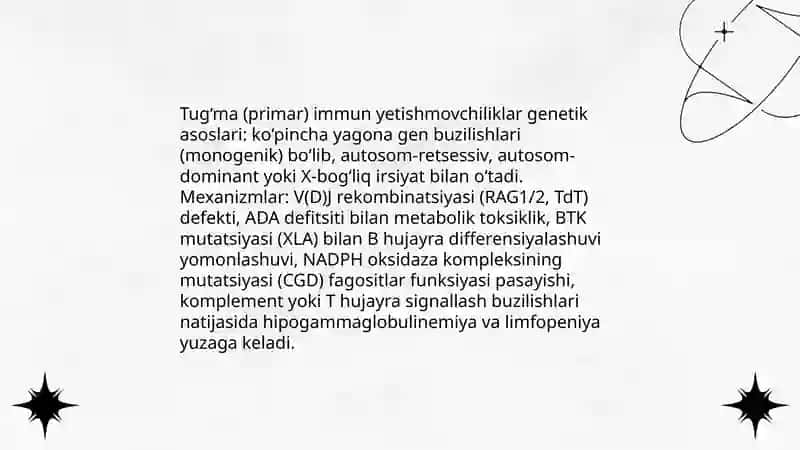Immuntanqislik holatlari (tug‘ma, hayot davomida orttirilgan). Immun profilaktika va immun terapiya asoslari Yoʻldoshova Muxlisa 4