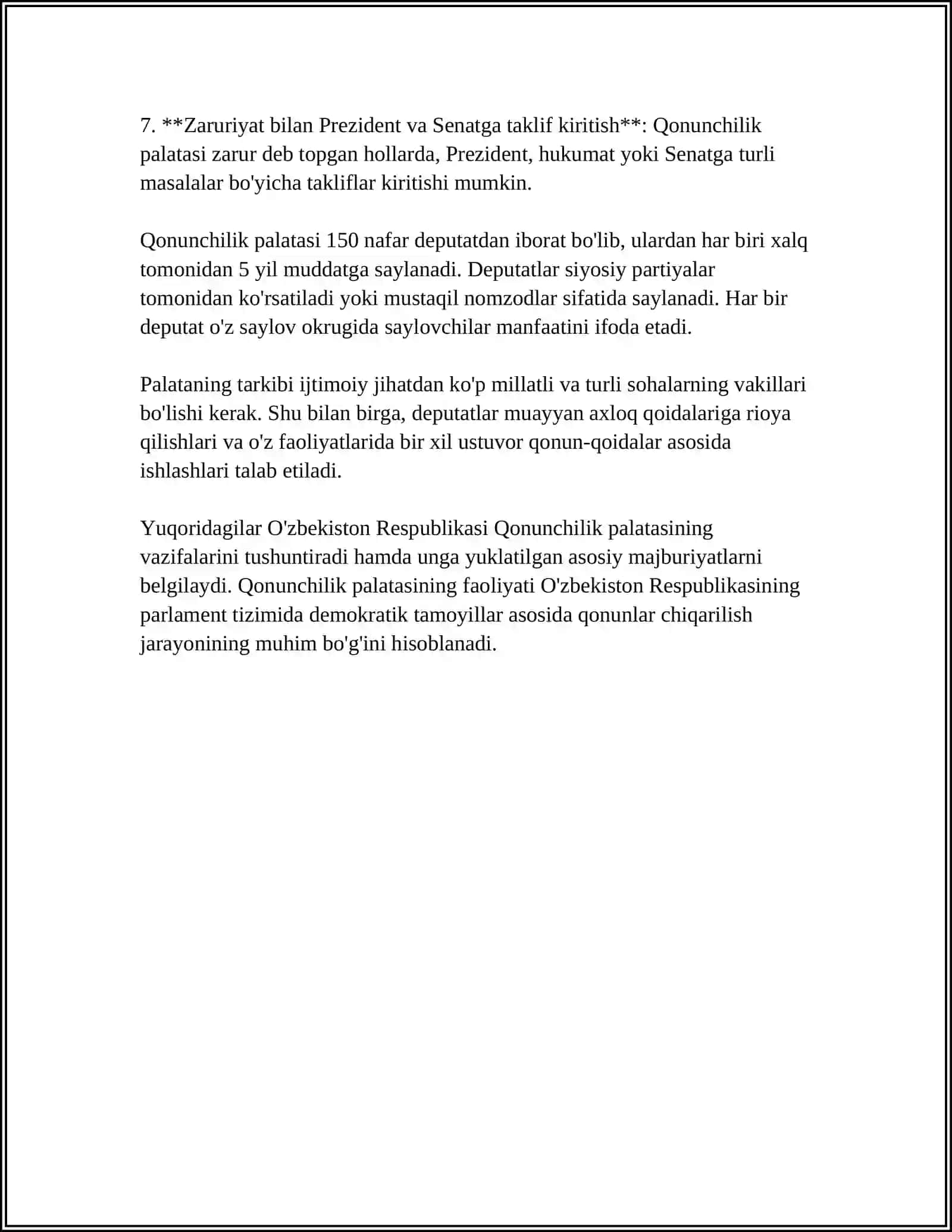 O'ZBEKISTON RESPUBLIKASI OLIY MAJLISI QONUNCHILIK PALATASI 4