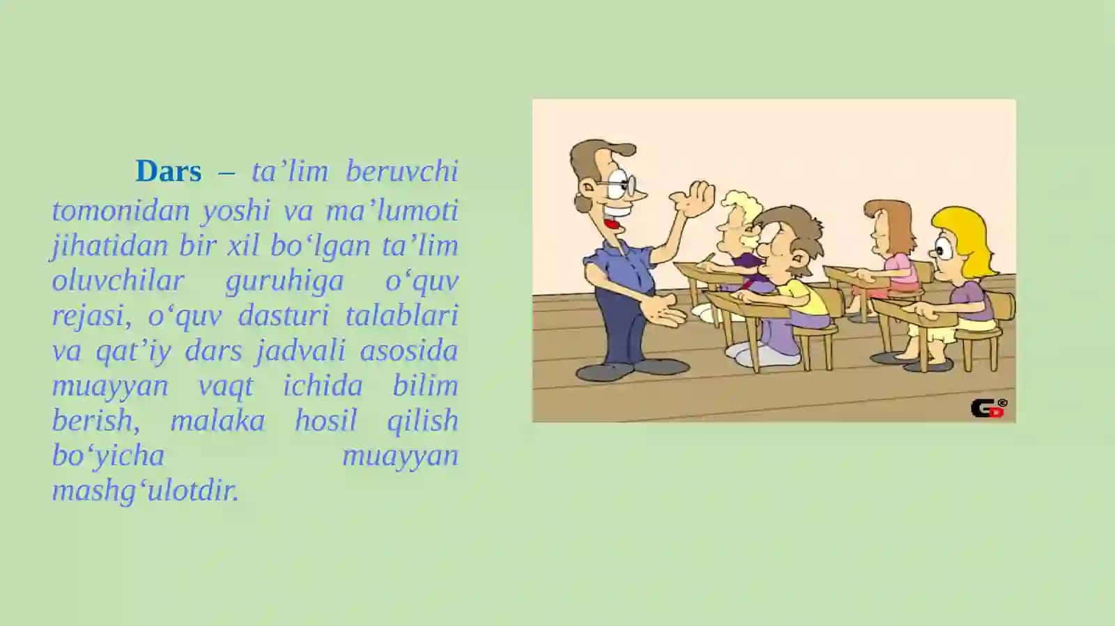 Darsning tarkibiy qismlari va uni taqdim etish metodikasi 4