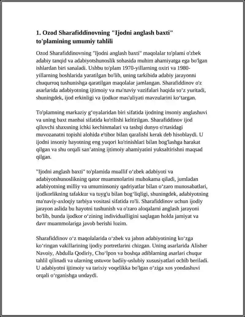Ozod Sharafiddinovning "Ijodni Anglash Baxti" nomli maqolalar to'plami 4