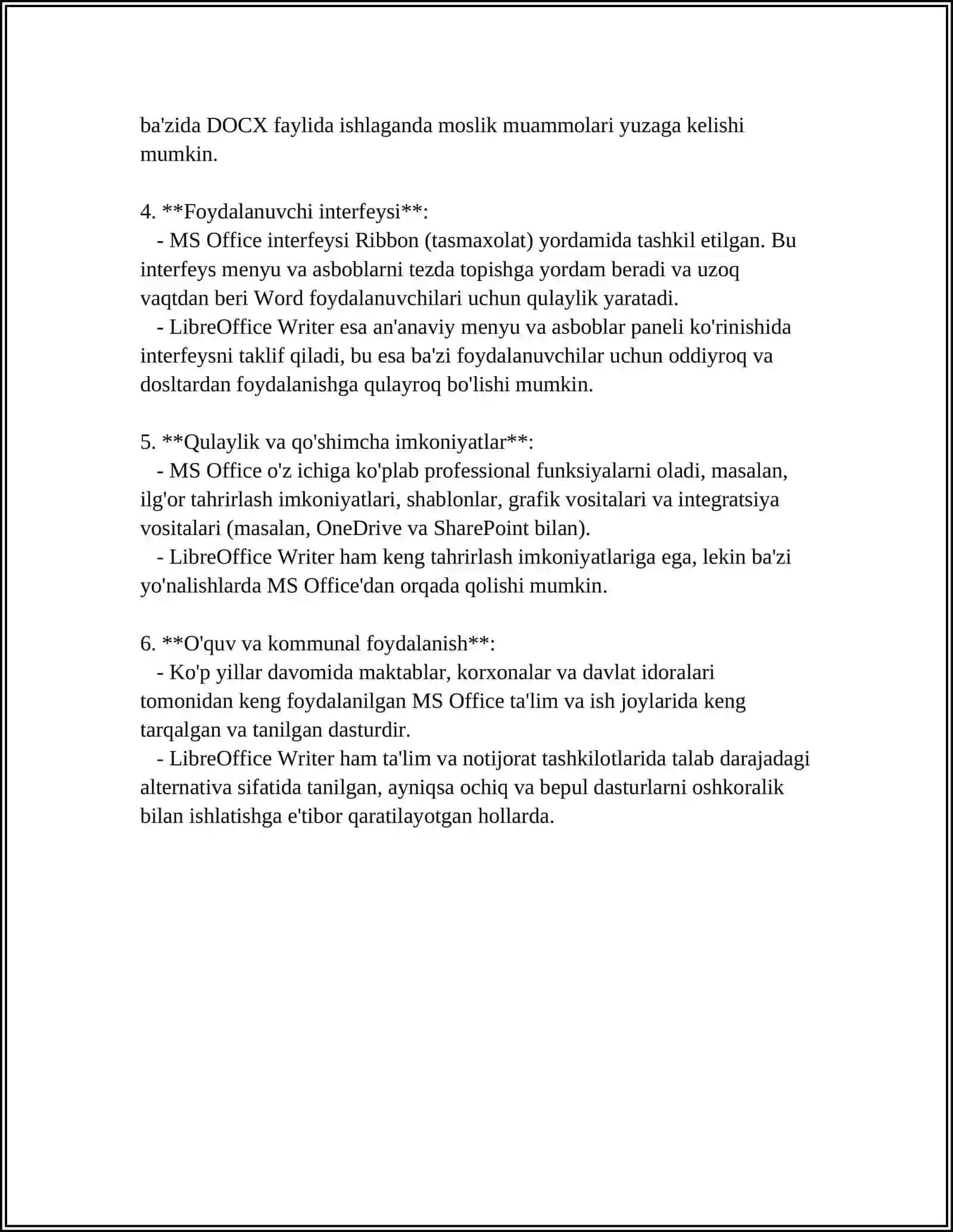 MS OFFICCE, MS WORD, LIBRE OFFICCE WRITER, OPEN OFFICCE WRITER REDAKTORLARINING BIR BIRIDAN FARQI 4