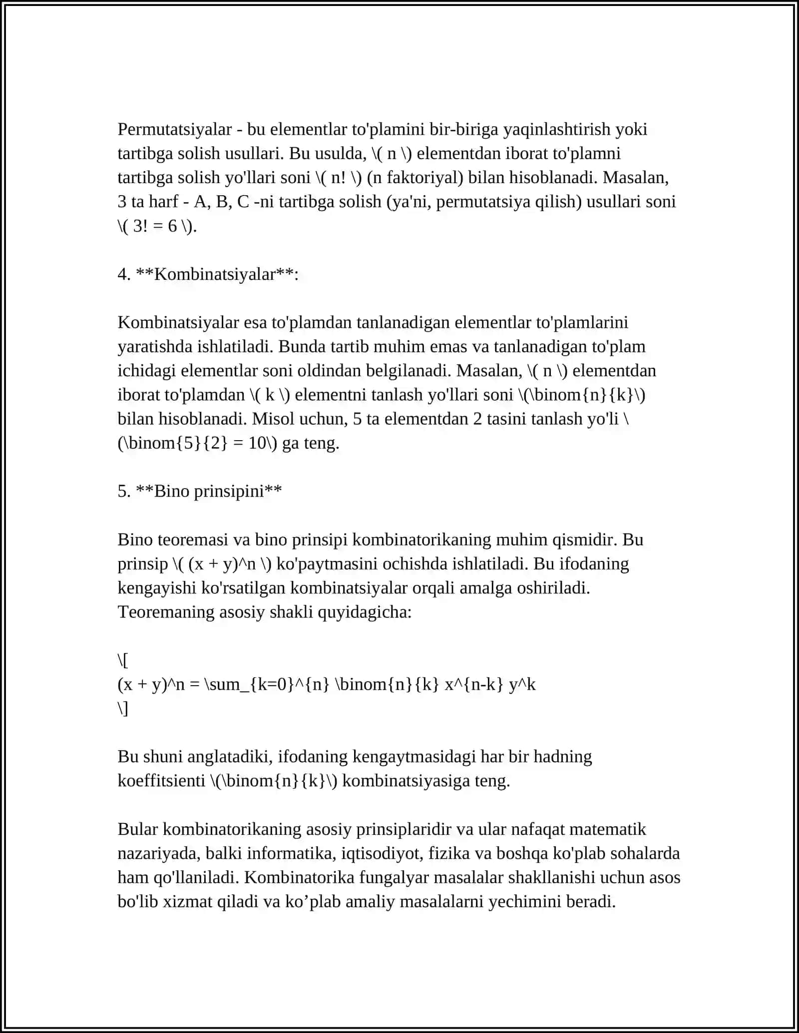KOMBINATORIKA ASOSIY PRINSPI VA KAMBINATORIKANING BA'ZI FORMULALARI 4