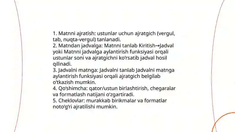 Matn muhariri yordamida jadval yaratish va jadvallar ustida ishlash 4
