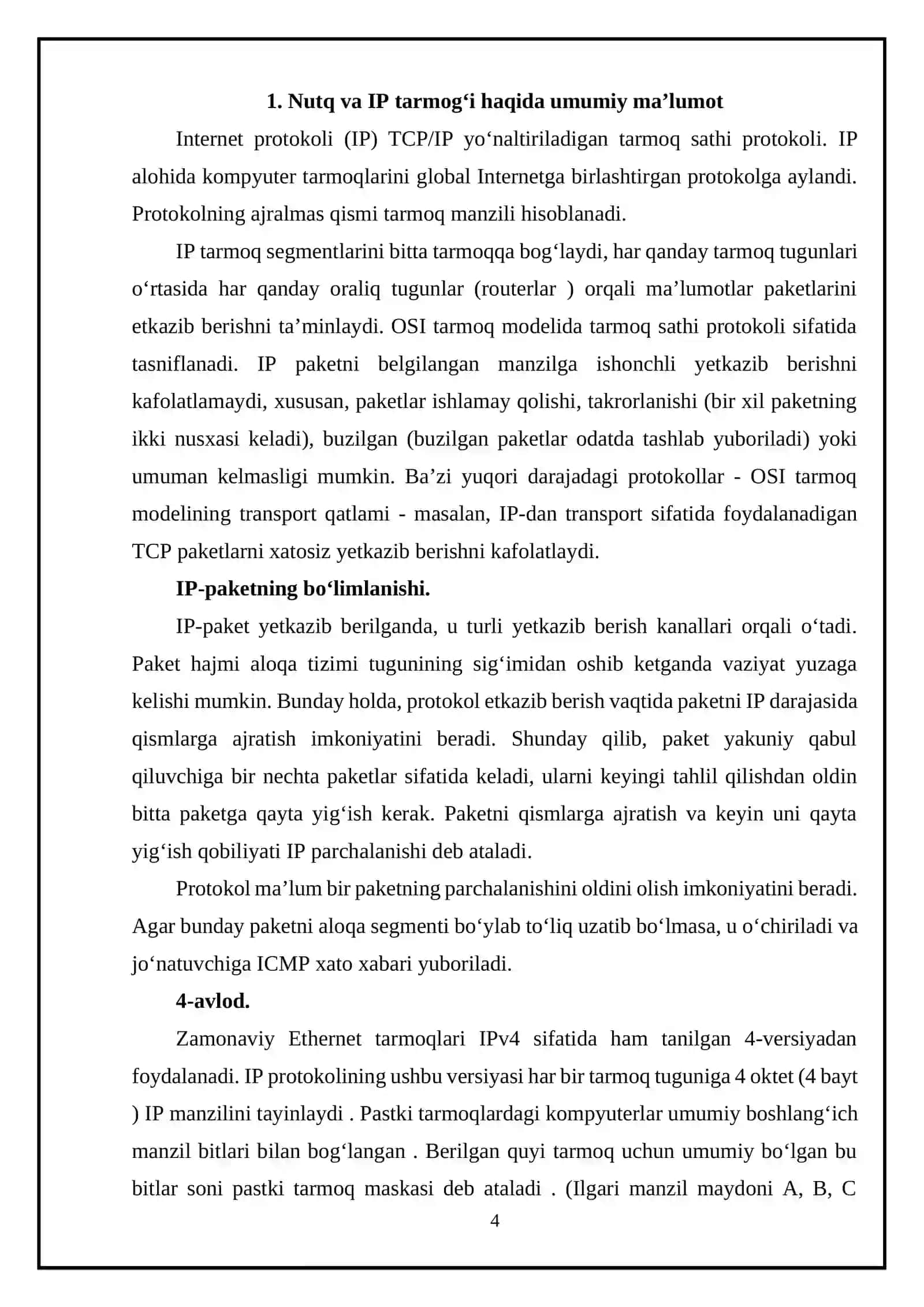 Mustaqil ishi "Nutqni ip tarmoqqa uzatish va qabul qilish texnologiyalari" 4