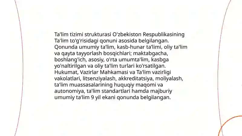 O'zbekiston Respublikasining " Ta'lim to'g'risida "gi qonuni va uning mohiyati 4
