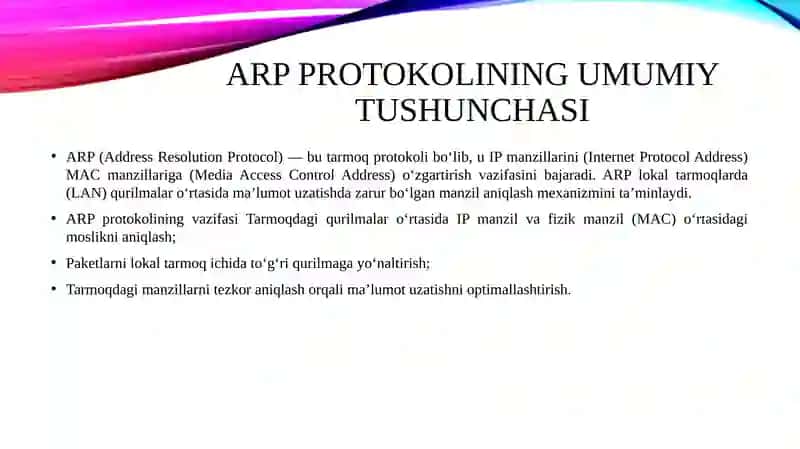 ARP PROTOKOLI MAQSADI VA LOKAL TARMOQLARDA ISHLASH MEXANIZMI 4
