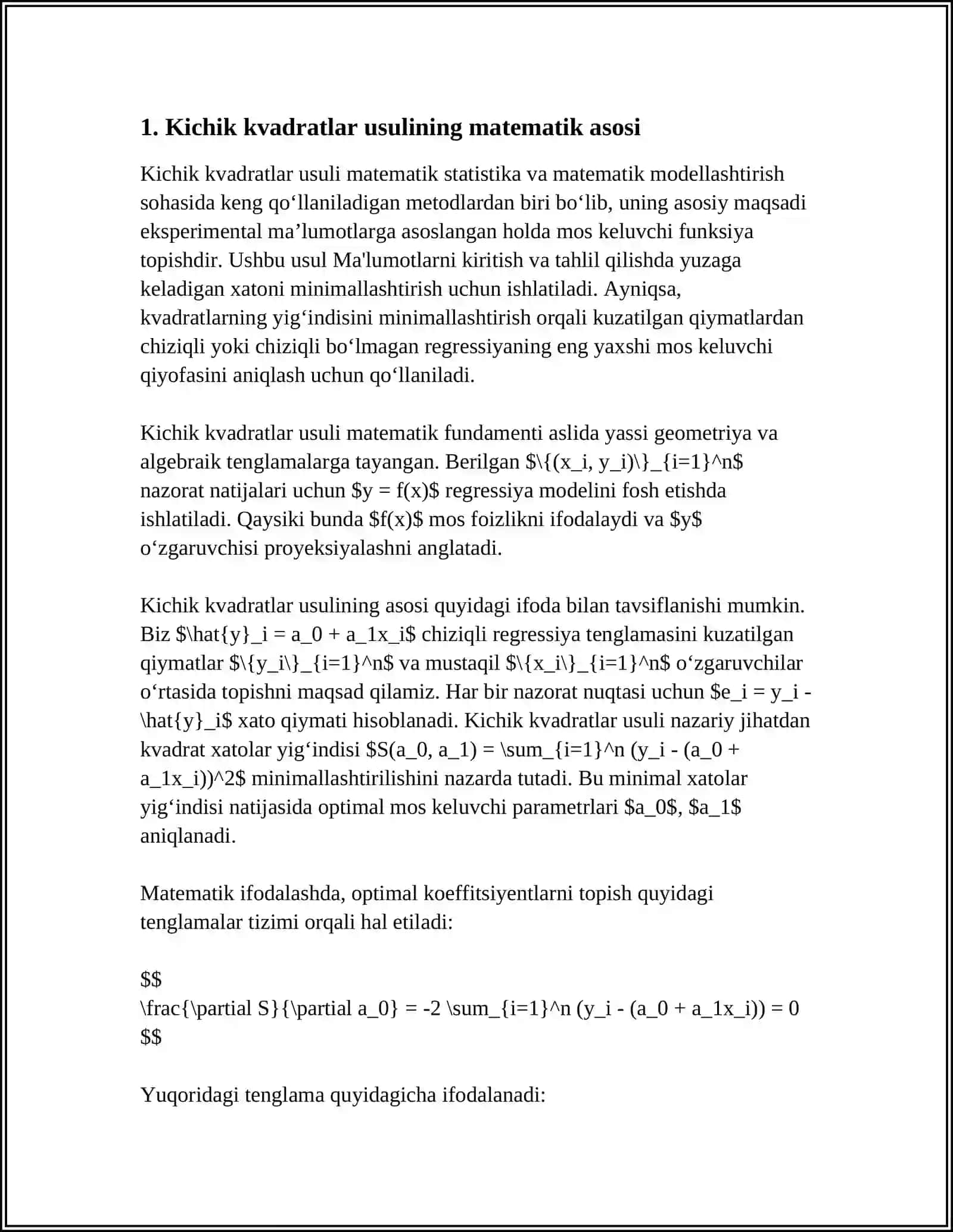 ENG KICHIK KVADRATLAR USULINING O'ZIGA XOS XUSUSIYATLAR 4
