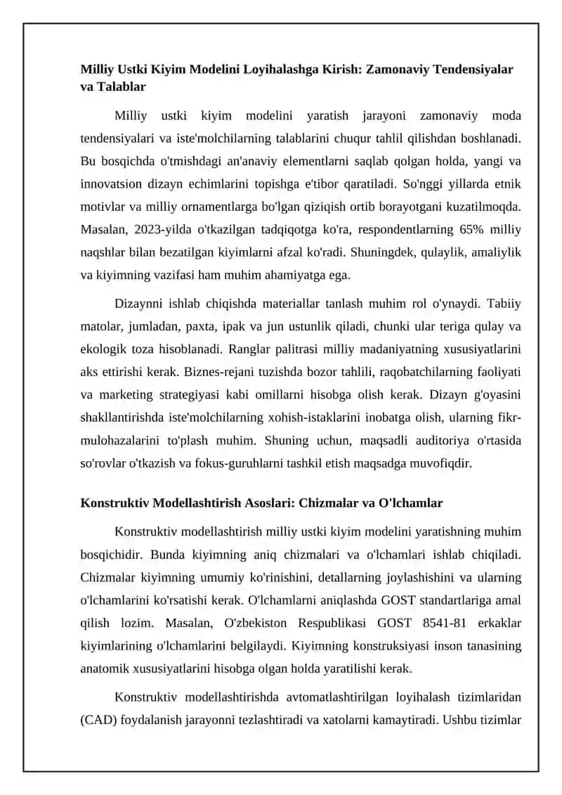 Erkaklar milliy ust kiyimini yangi modelini yaratish va texnologik jarayonini ishlab chiqish 4