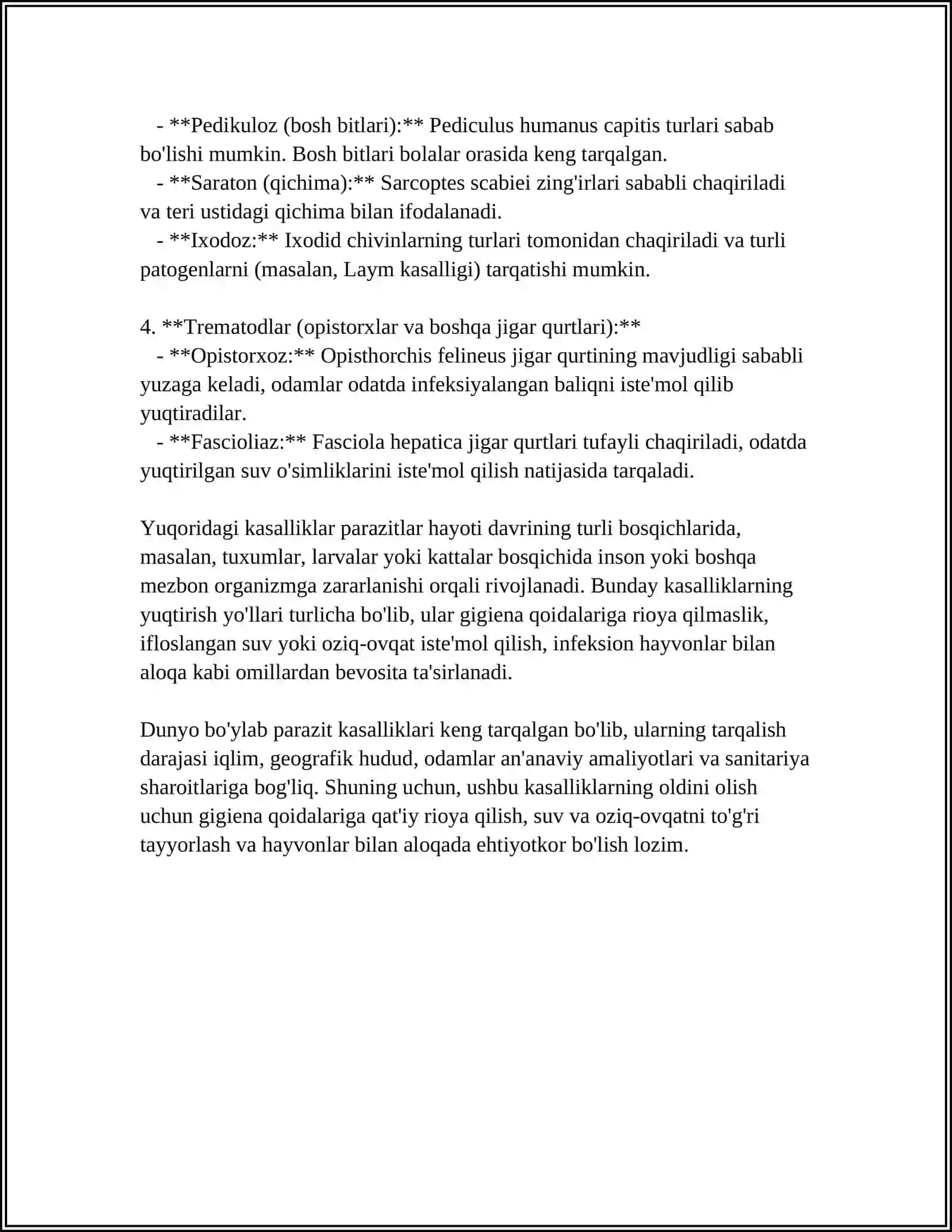 MUSTAQIL ISH Mavzu: PARAZIT KASALLIKLARI VA ULARNING TURLARI 4