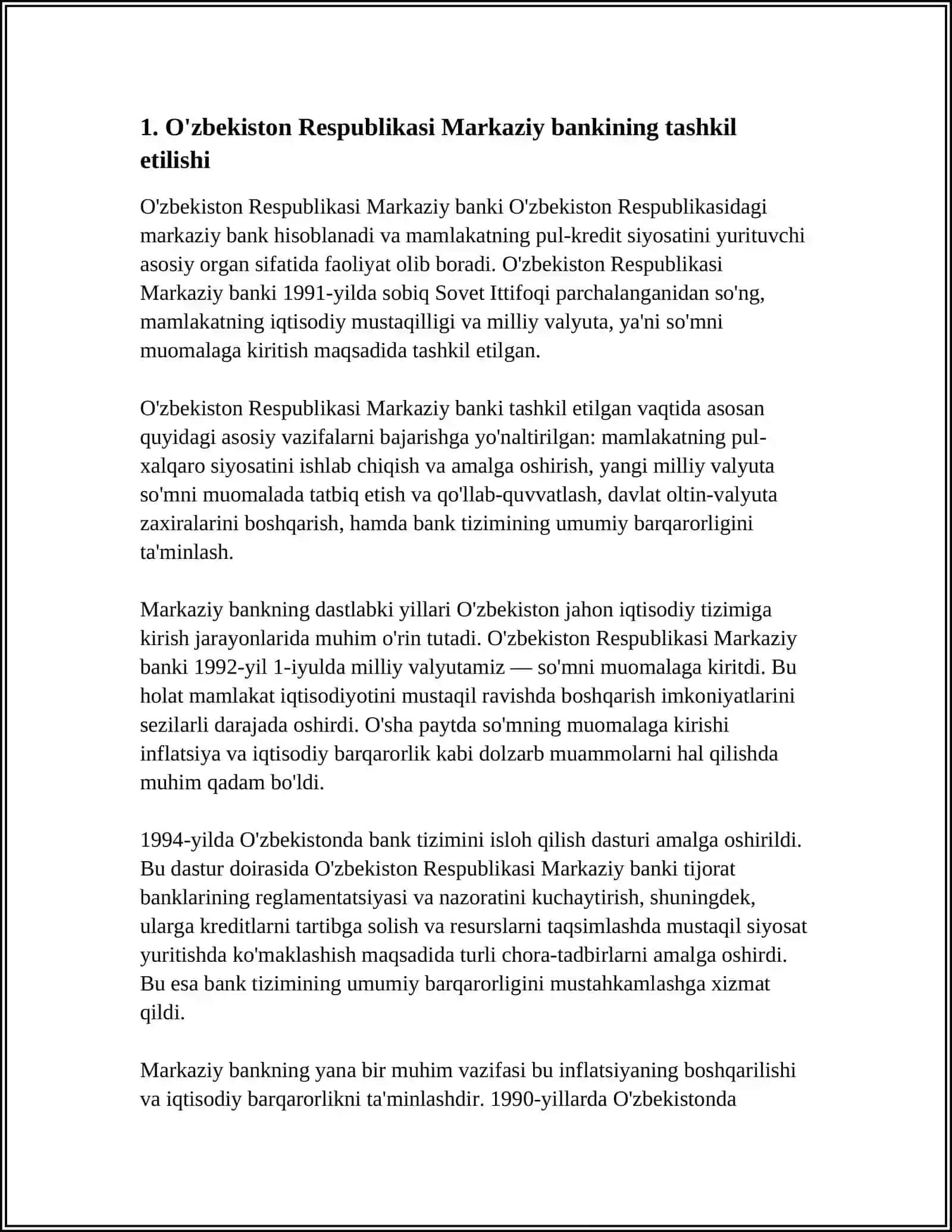 REFERAT: O'ZBEKISTON RESPUBLIKASI MARZAKIY BANKI VA UNING ASOSIY FUNKSIYALARI 4