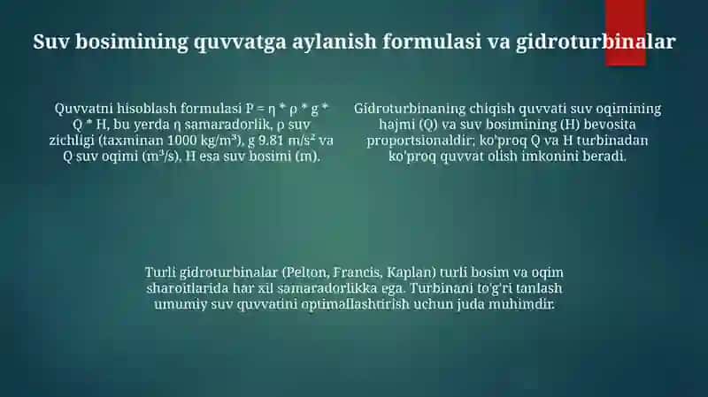 Toʻgʻonlardagi suv quvvatini hisoblash va gidroenergetika samaradorli 4