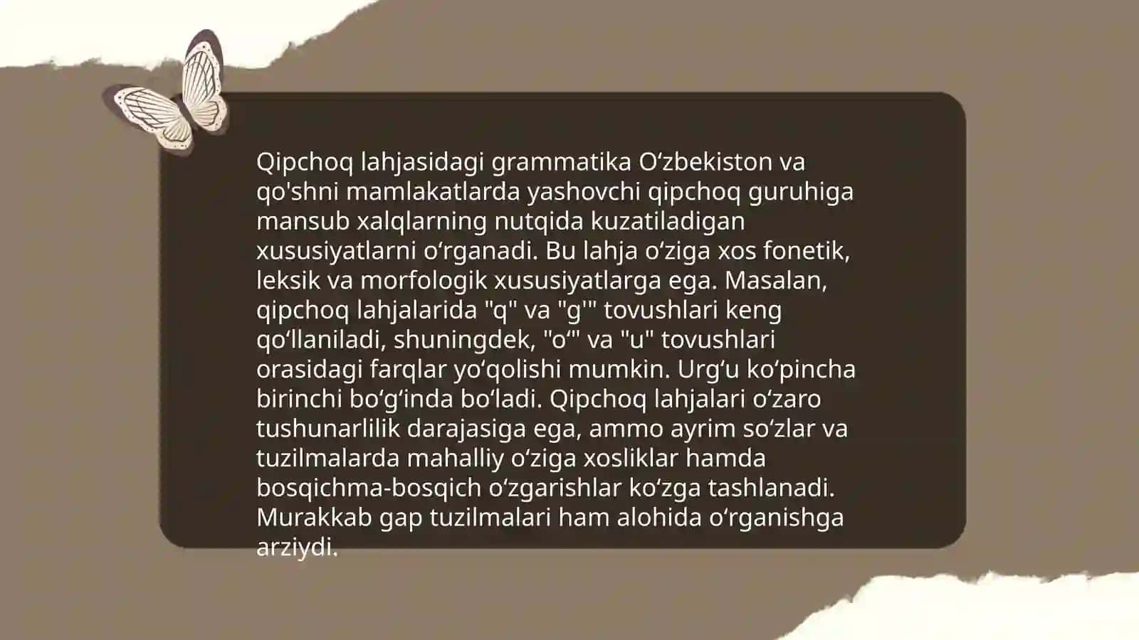 Oʻzbek tilining qarluq, qipchoq va oʻgʻuz lahjalariga xos xususiyatlar. Areal lingvistika 4