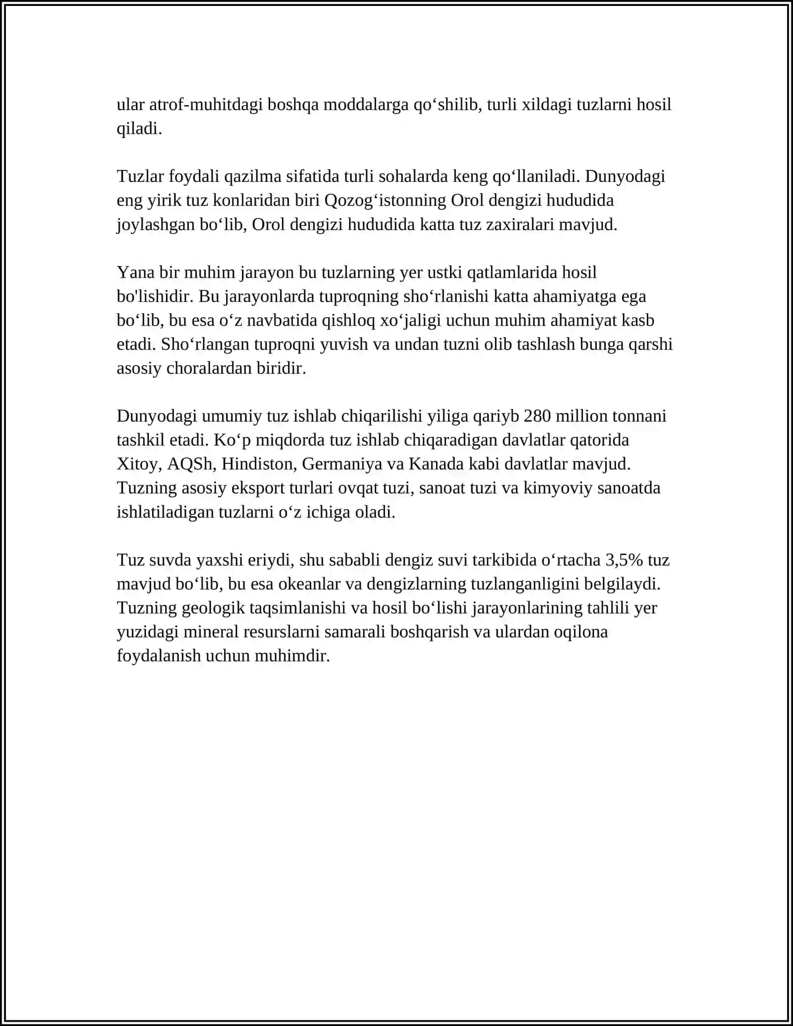 TUZLAR.ULARNING OLINISHI VA HOSSALARI 4
