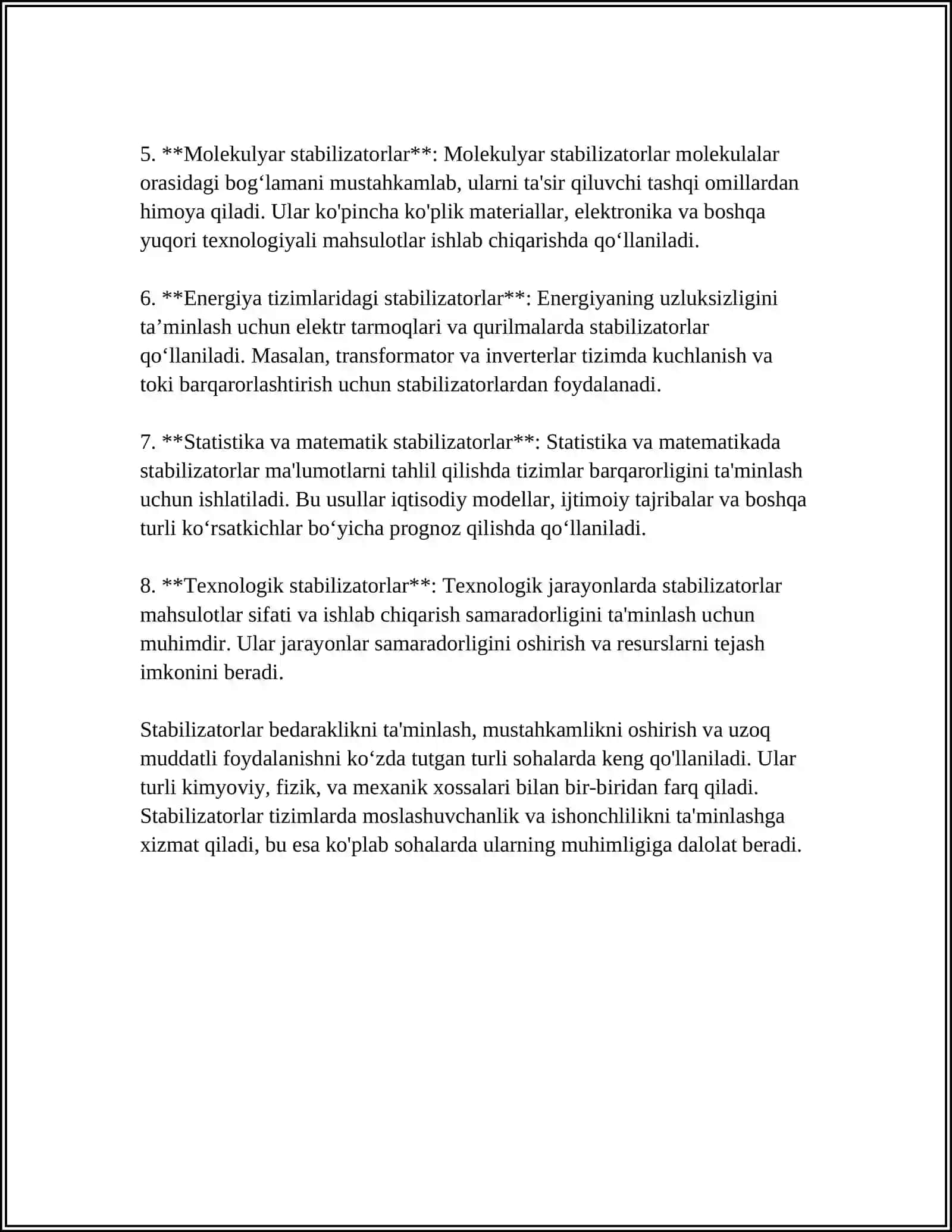STABILIZATORLAR TUSHUNCHASI, TASNIFI. SUSPENZIYALARNI SIFATINI BAHOLASH. GETEROGEN SISTEMALARNING TURG‘UNLIGIGA TA’SIR ETUVCHI OMILLAR. STOKS QONINI 4