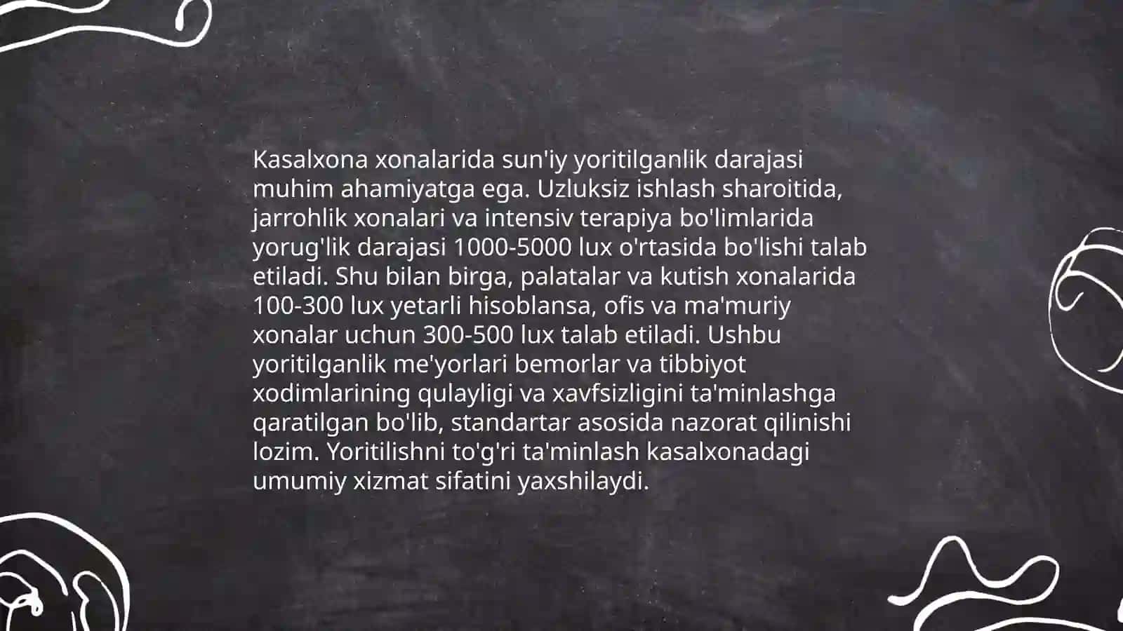 Kasalxona xonalarining tabiiy va sun'iy yoritilganlik holatini baholash 4