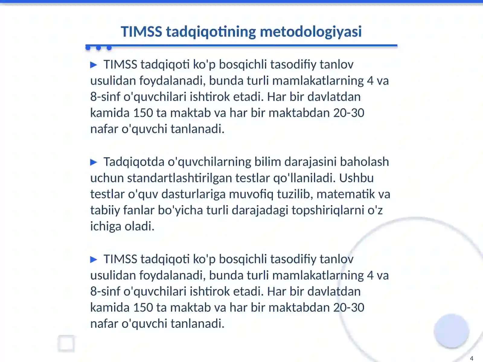 TIMSS tadqiqot usullarining xususiyatlari 4