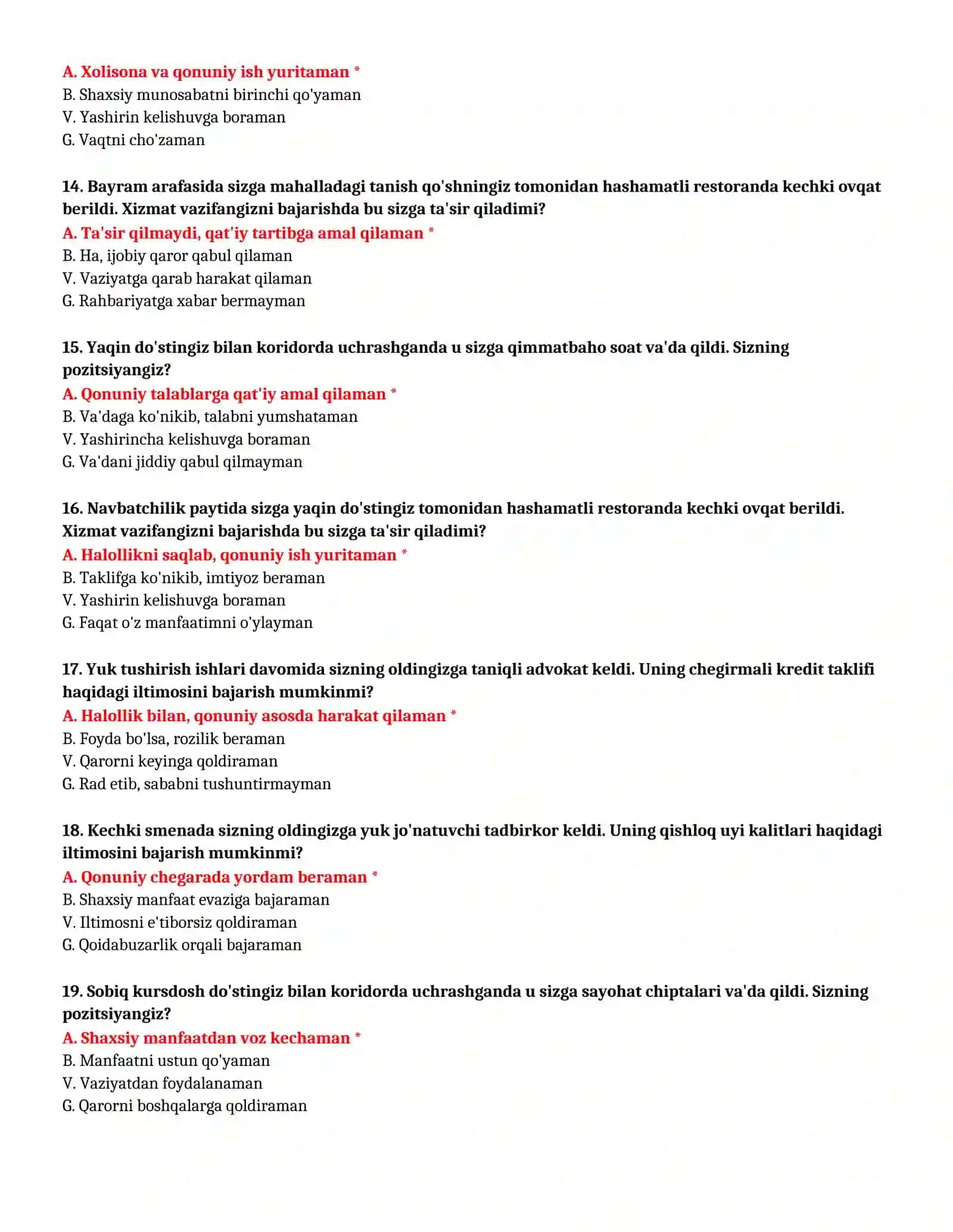 BOJXONA AKADEMIYASI - KASBIY TANLOV TEST SAVOLLARI (№ 4) 4