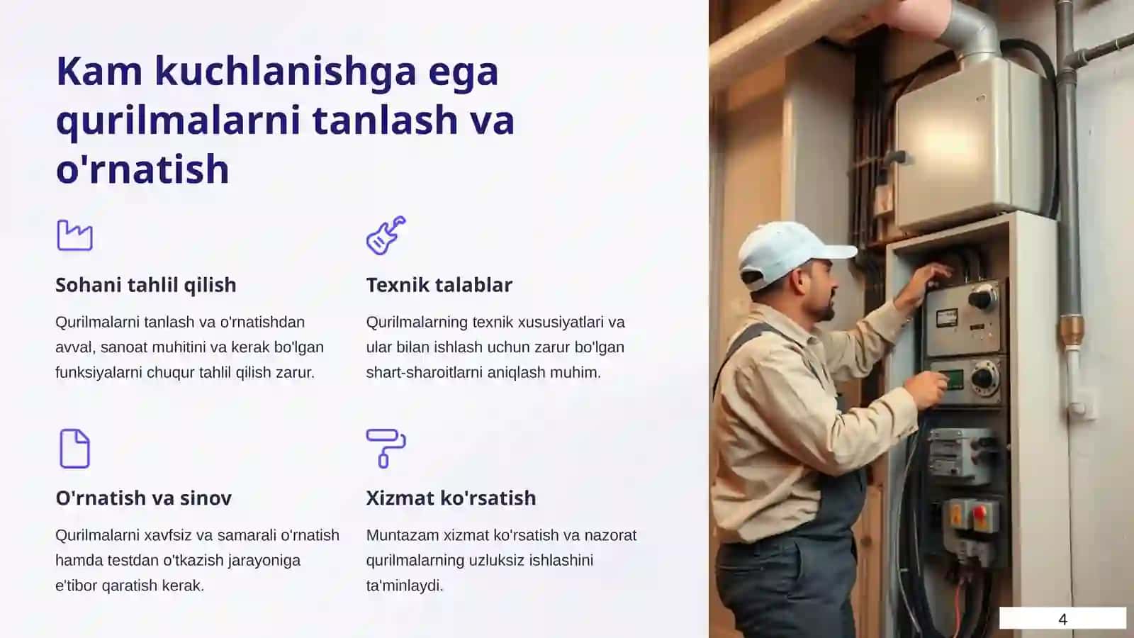 Sanoat miqiyosida kam kuchlanishga ega bo'lgan elektr qurilmalardan foydalanish 4