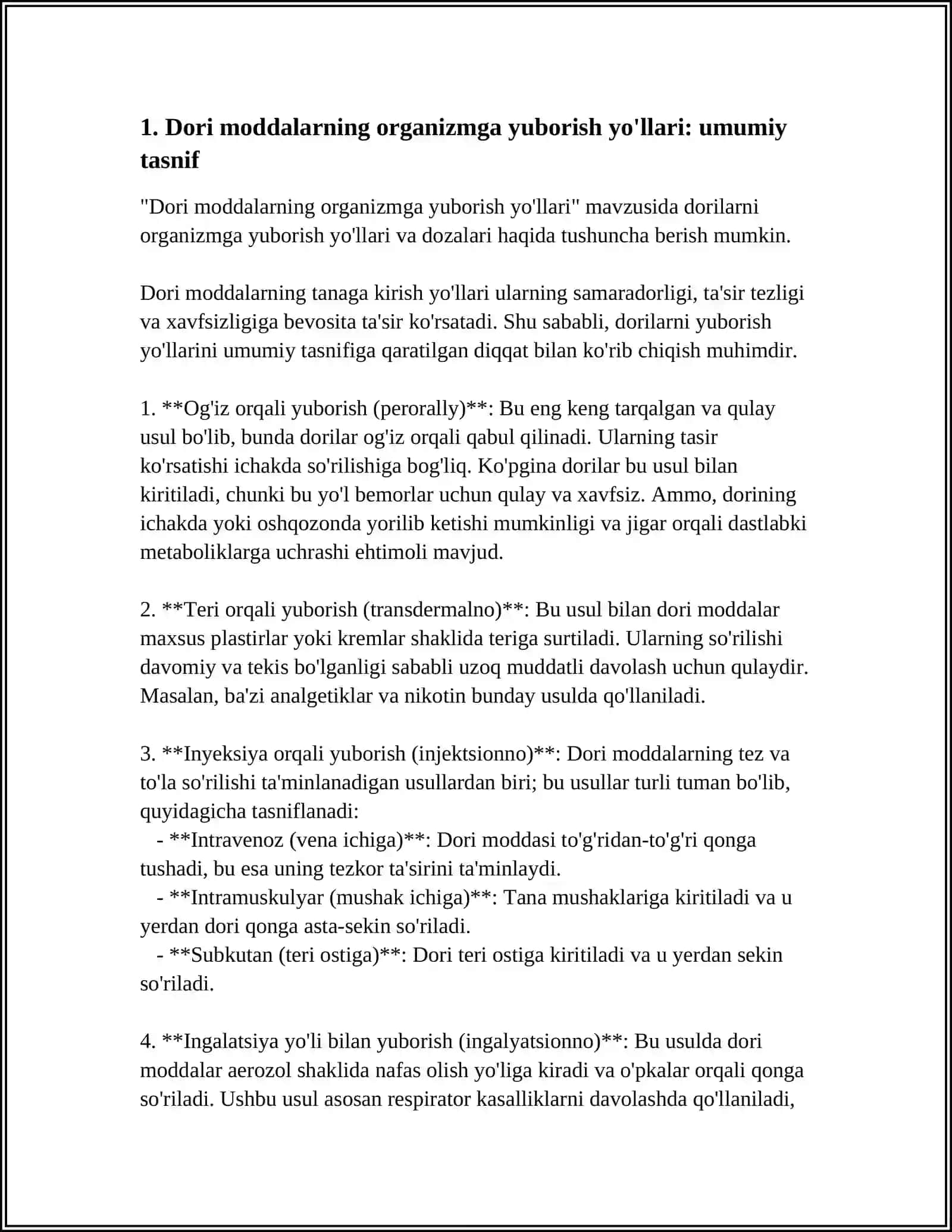Dori moddalarning organizmga yuborish yo'llari: umumiy tasnif 4