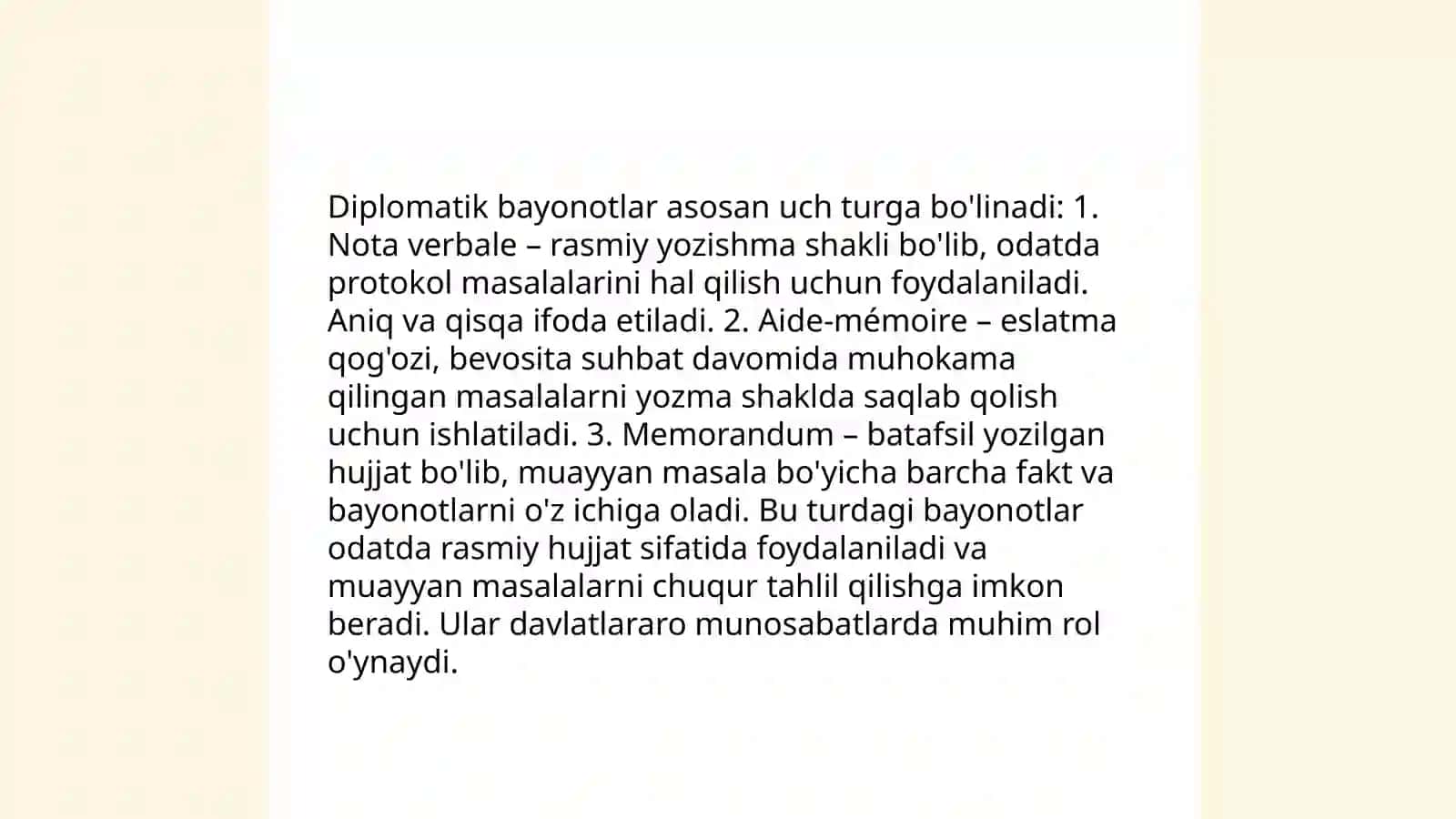 Diplomatik hujjatlar (Nota, Bayonot, Memurandum, Qaydnoma (Protokol) Rasmiy xati, ilova xati 4