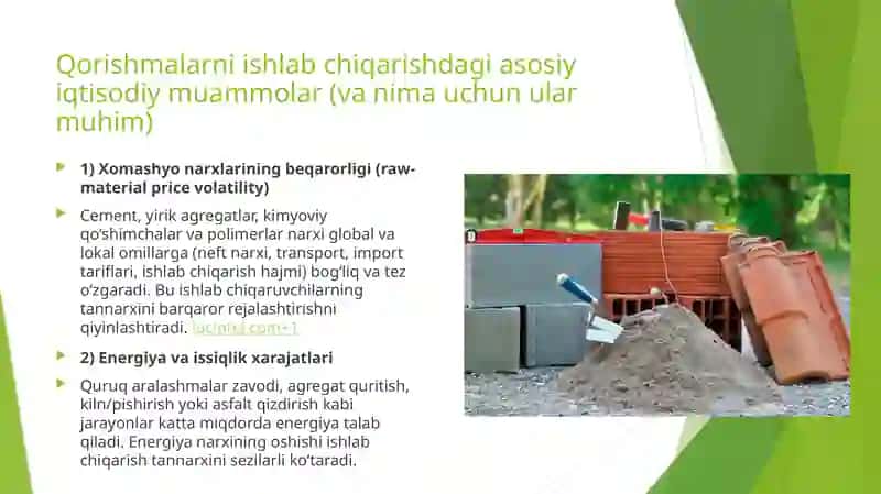 Qurilish qorishmalari klassifikatsiyasi. Qorishmalar ishlab chiqarishda yaxshil iqtisodiyot muammolari. 4