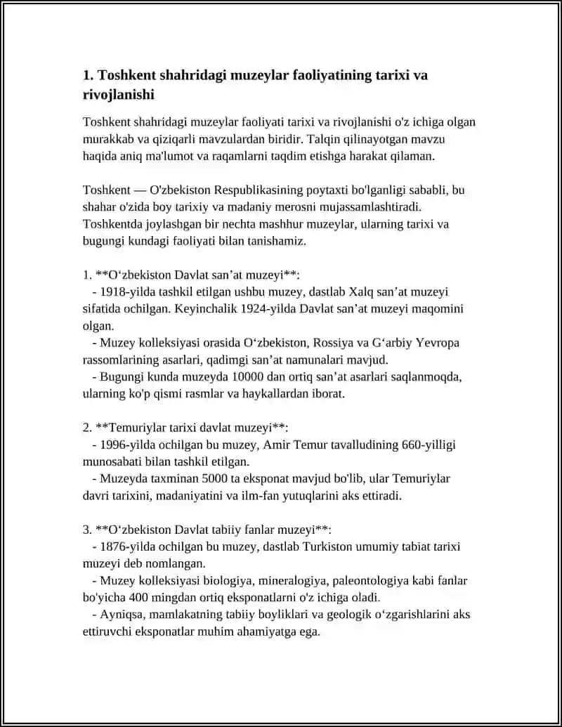 Toshkent shahridagi muzeylar faoliyatining tarixi va rivojlanishi 4