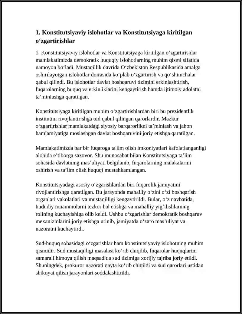 MAMLAKATIMIZDA OLIB BORILAYOTGAN DEMOKRATIK HUQUQIY ISLOHOTLAR. MUSTAQILLIK DAVRIDAGI O’ZGARISHLAR 4