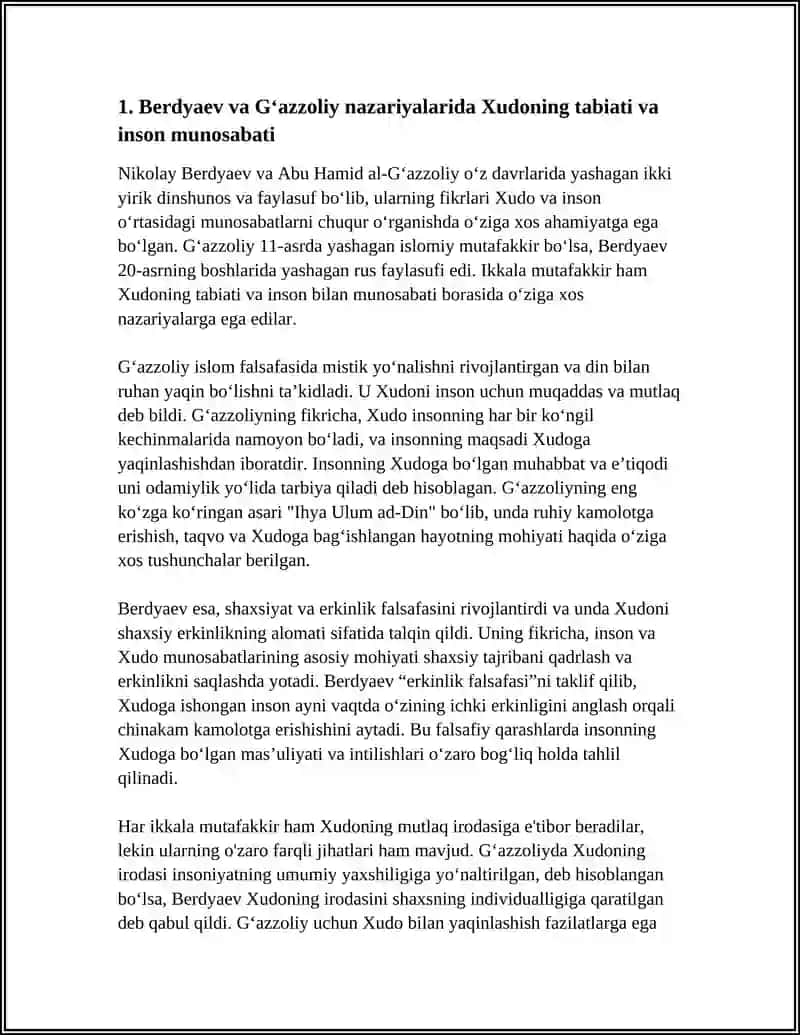 DIN VA HURFIKRLILIK.BERDYAEVNING DINIY HURFIKRLILIK GʻOYALARINI GʻAZZOLIY GʻOYALARI BILAN QIYOSLASH 4