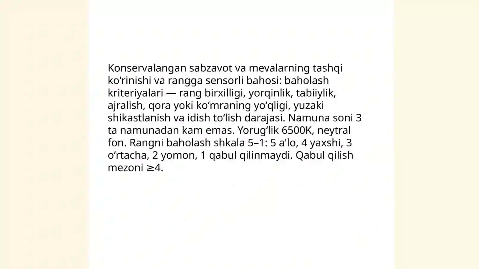 Fizik usulda konservalangan qishloq xoʻjaligi mahsulotlariga sensorli baho berish 4