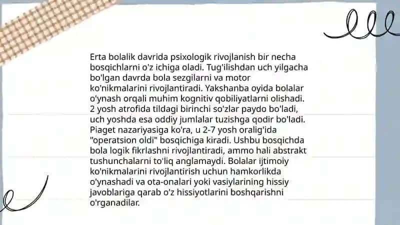 Ilk yosh davrida psixik rivojlanish.Ilk bolalik davri psixologiyasi va psixodiagnostikasi. Uch yosh inqirozi 4