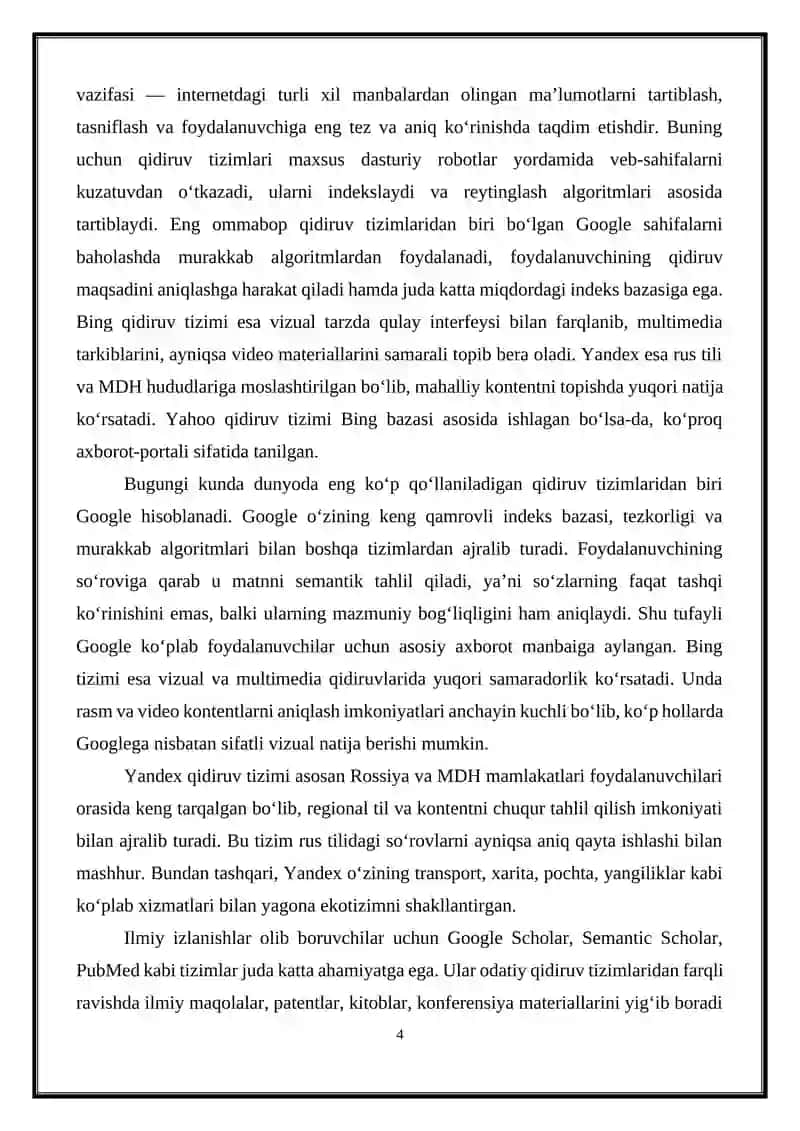 INTERNETDAGI TURLI XIL MAʼLUMOT AXTARISH TIZIMLARI VA ULARNING SOLISHTIRMA TAHLILI 4